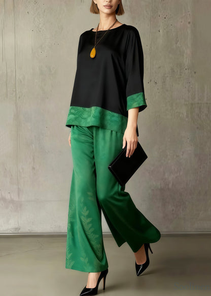 Boho Green Jacquard Patchwork Silk Women Sets 2 Pieces Summer