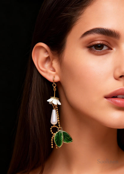 Boho Green Leaf Water Droplet Pearl Drop Earrings