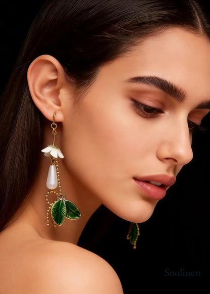 Boho Green Leaf Water Droplet Pearl Drop Earrings