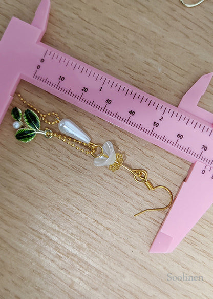 Boho Green Leaf Water Droplet Pearl Drop Earrings