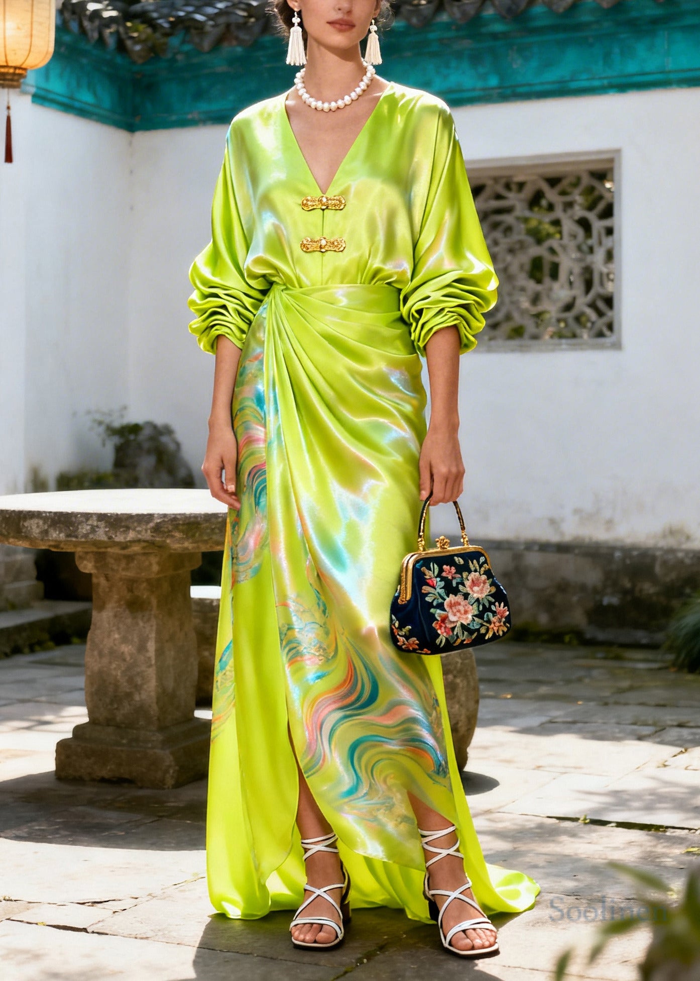 Boho Green Print Chinese Button Silk Maxi Dresses Summer