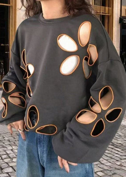Boho Grey Oversized Hollow Out Cotton Pullover Streetwear Spring