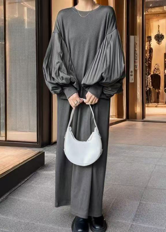 Boho Grey Oversized Patchwork Cotton Dress Lantern Sleeve