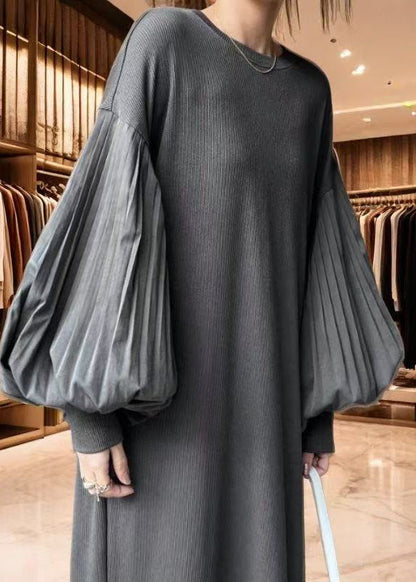 Boho Grey Oversized Patchwork Cotton Dress Lantern Sleeve