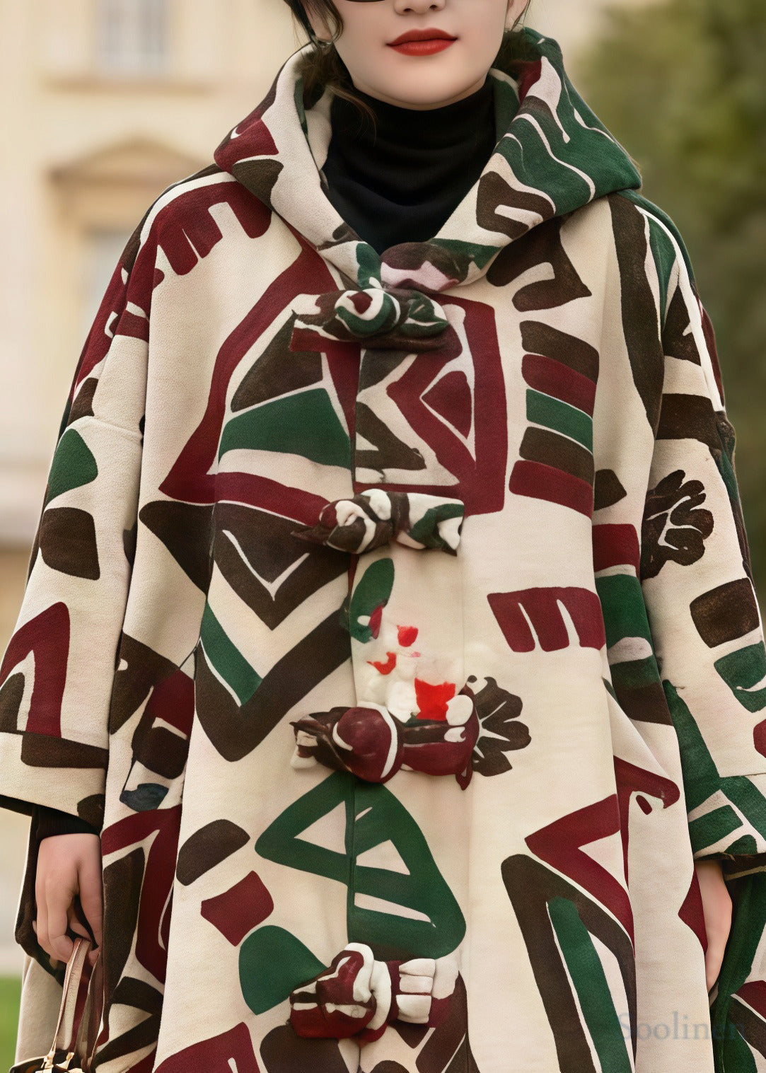 Boho Khaki Hooded Jacquard Chinese Button Woolen Coats Winter