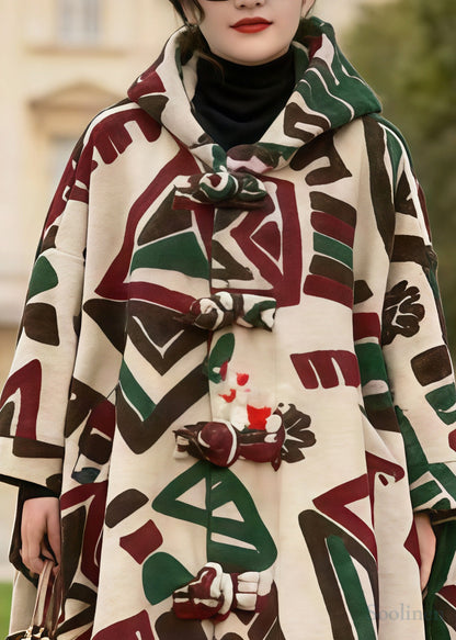 Boho Khaki Hooded Jacquard Chinese Button Woolen Coats Winter