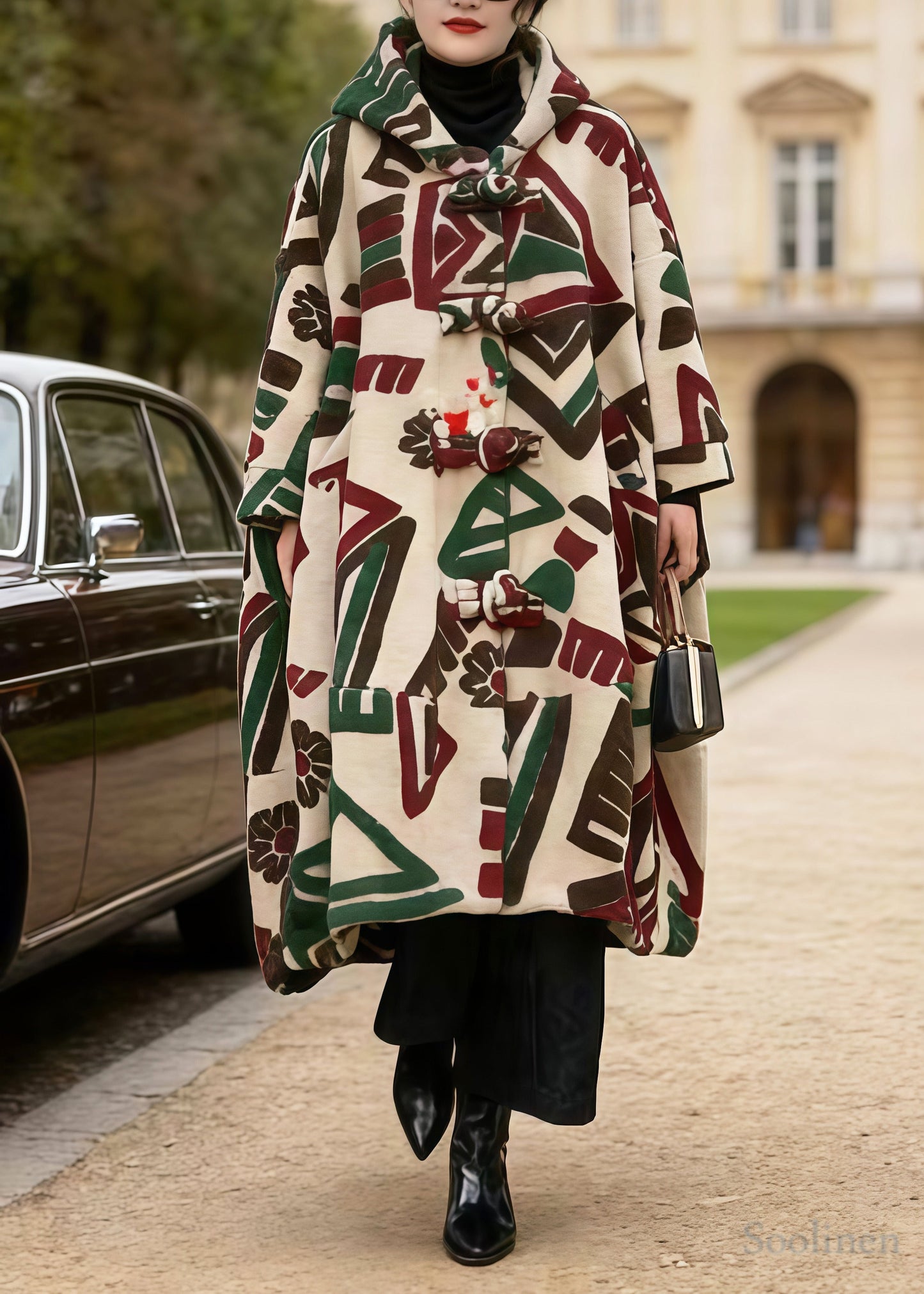 Boho Khaki Hooded Jacquard Chinese Button Woolen Coats Winter