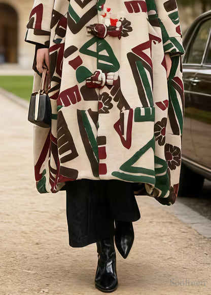 Boho Khaki Hooded Jacquard Chinese Button Woolen Coats Winter