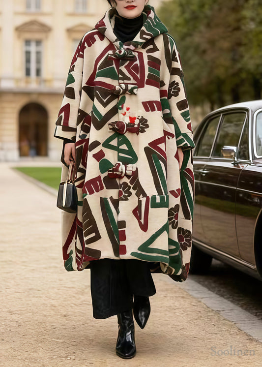 Boho Khaki Hooded Jacquard Chinese Button Woolen Coats Winter