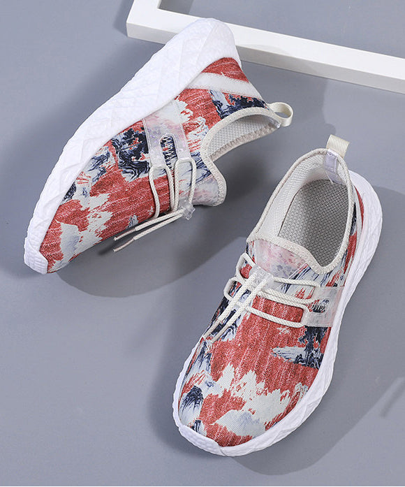 Boho Lace Up Flat Shoes Red Print Knit Fabric