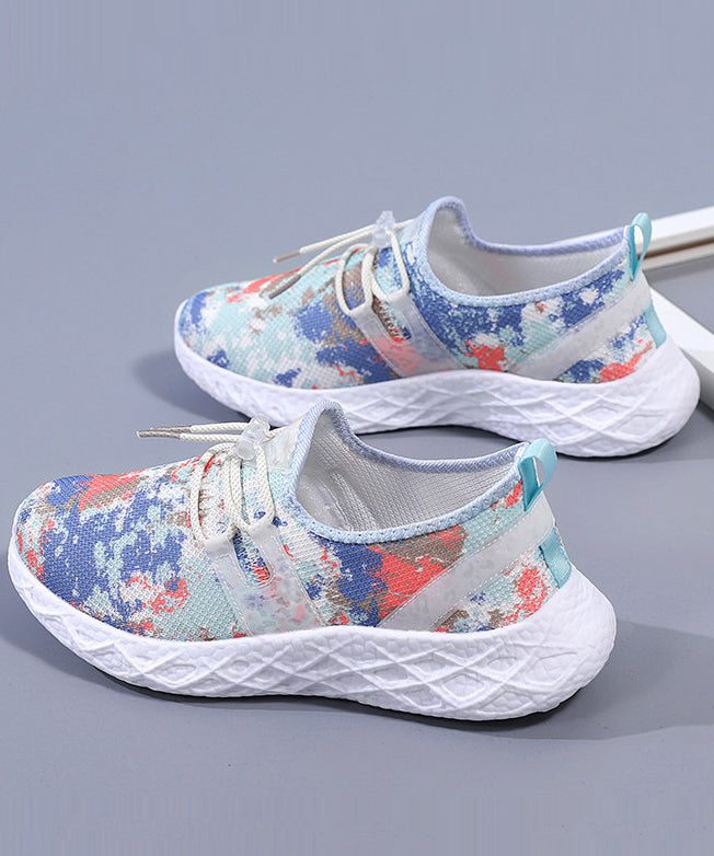 Boho Lace Up Flat Shoes Red Print Knit Fabric