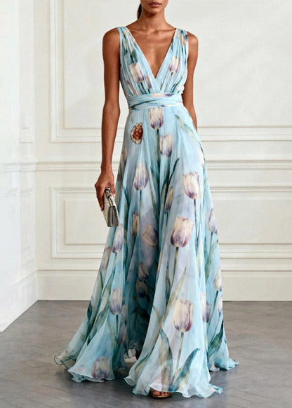 Boho Light Pink V Neck Print Long Spaghetti Strap Sundress Summer