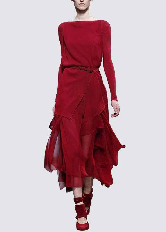 Boho Mulberry Slash Neck Asymmetrical Sashes Chiffon Long Dress Fall