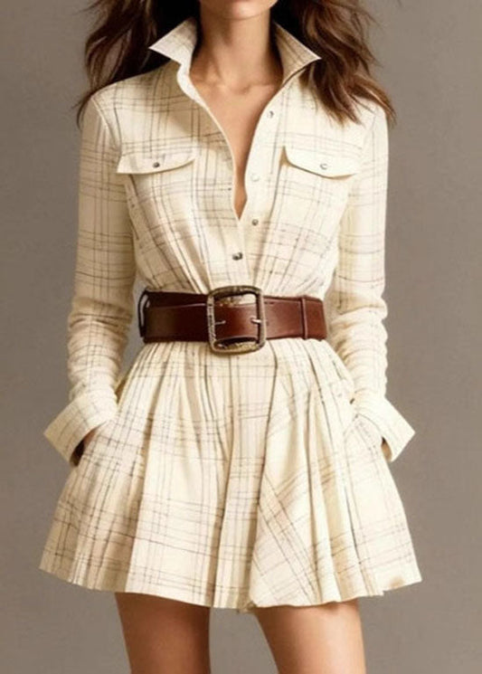 Boho Multicolor Stand Collar Plaid Pockets Cotton Mid Dress Fall