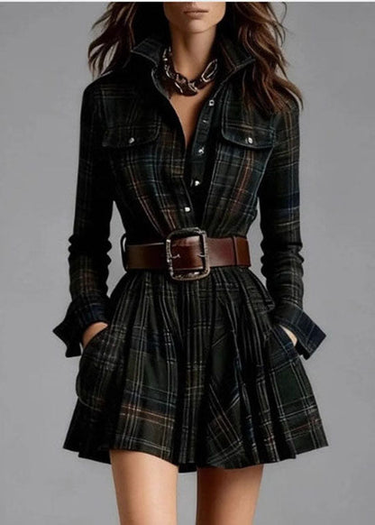 Boho Multicolor Stand Collar Plaid Pockets Cotton Mid Dress Fall
