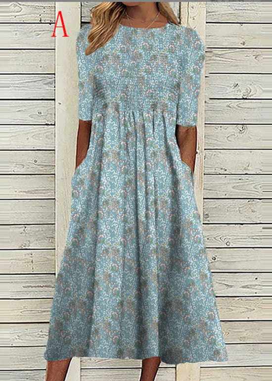 Boho O Neck Print Pockets Loose Cotton Dresses Summer