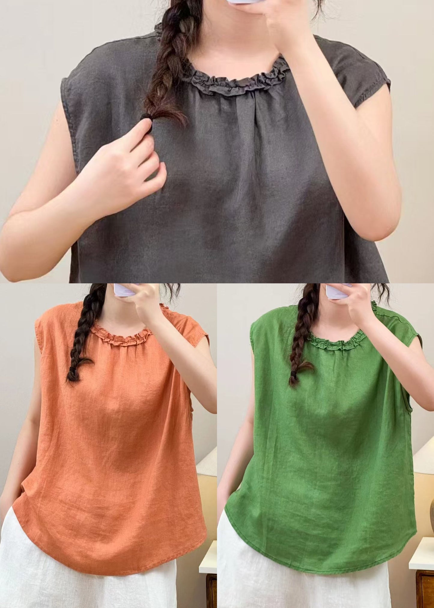 Boho Orange Ruffled Linen Shirt Top Sleeveless