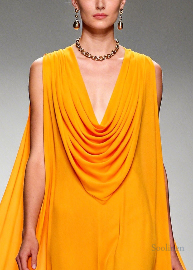 Boho Orange Turtle Neck Exra Large Hem Chiffon Maxi Dress Summer
