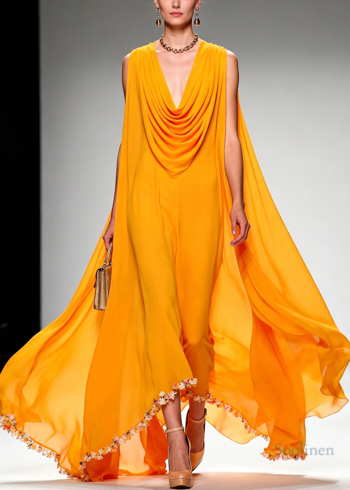 Boho Orange Turtle Neck Exra Large Hem Chiffon Maxi Dress Summer