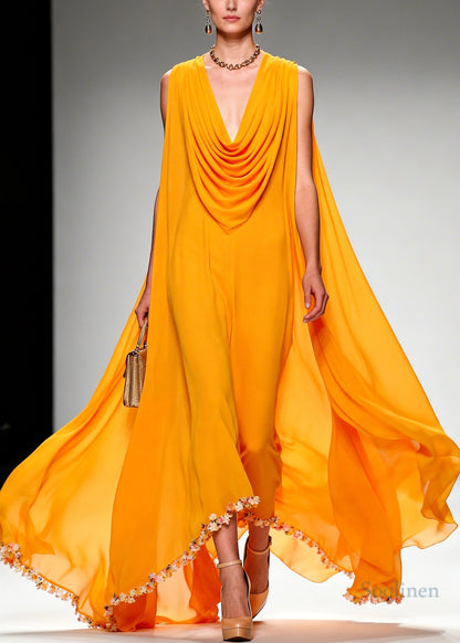 Boho Orange Turtle Neck Exra Large Hem Chiffon Maxi Dress Summer