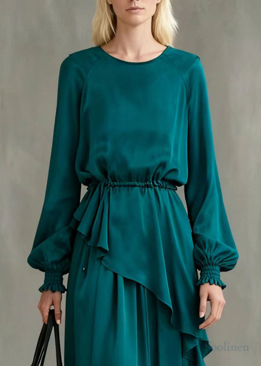 Boho Peacock Blue Asymmetrical Cinched Cotton Two Pieces Set Summer
