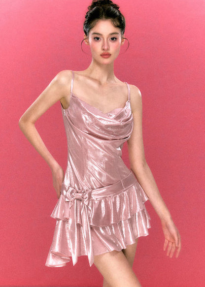 Boho Pink Asymmetrical Ruffled Mini Dress Summer
