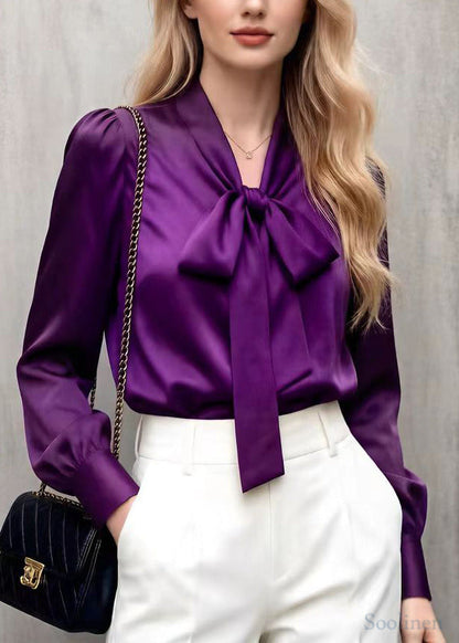 Boho Purple Bow Collar Draping Chiffon Blouses Spring