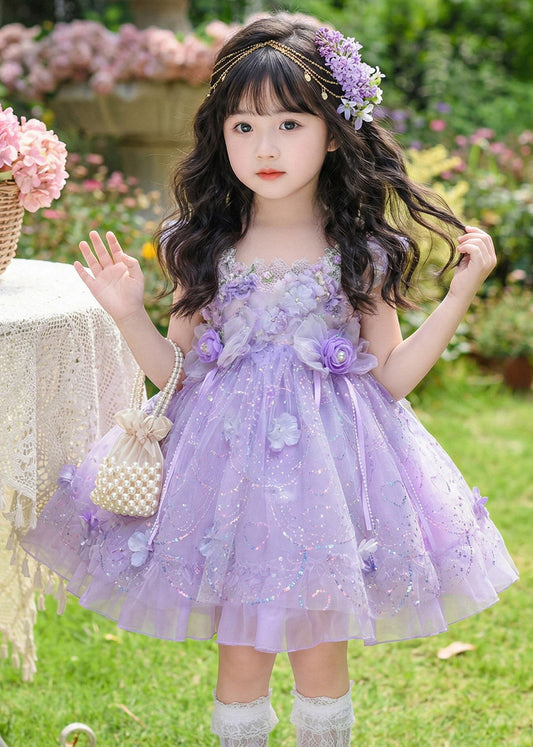 Boho Purple Floral Pearl Tassel Tulle Girls Long Dresses Sleeveless
