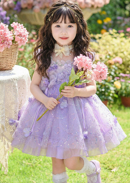 Boho Purple Floral Pearl Tassel Tulle Girls Long Dresses Sleeveless