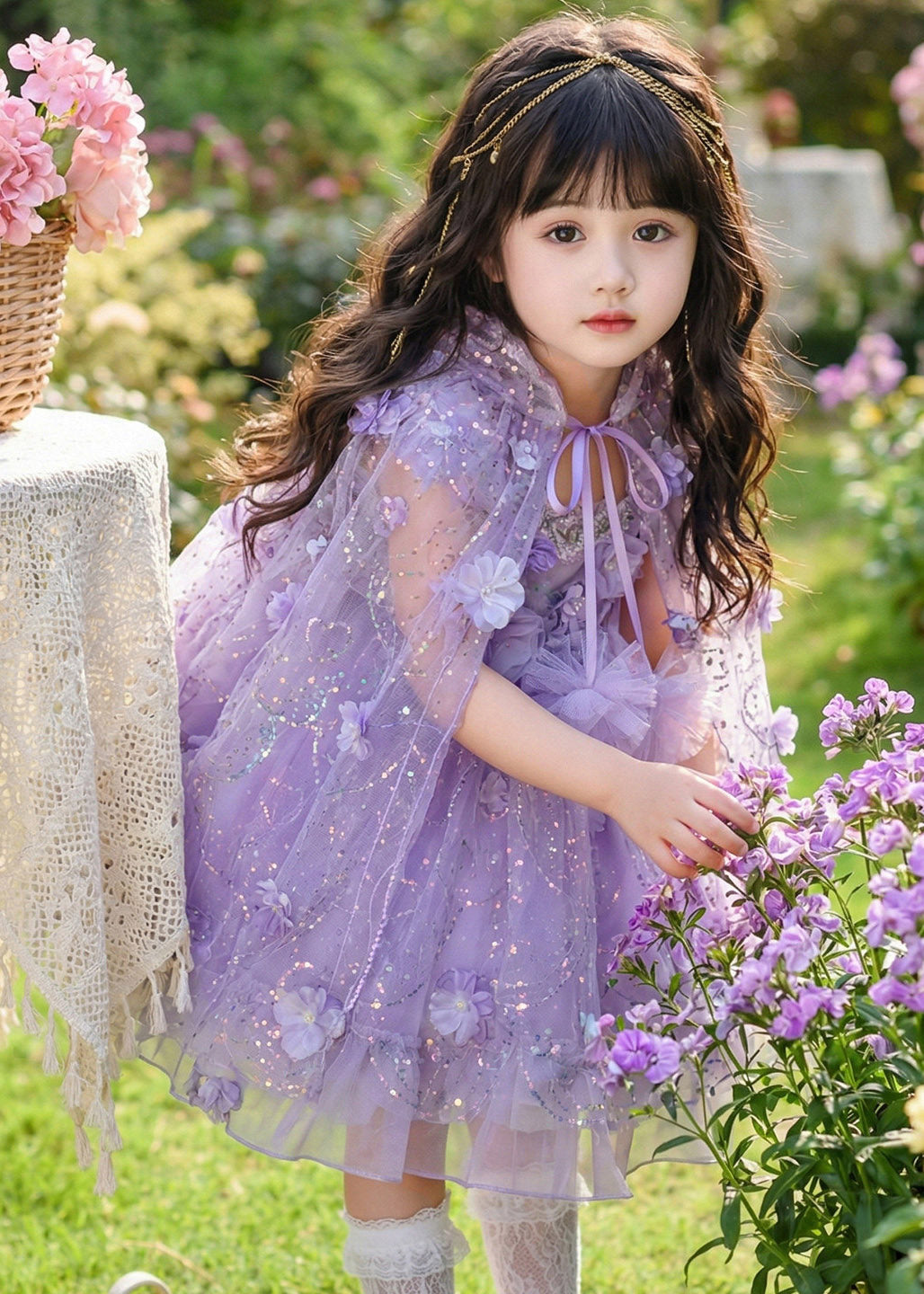 Boho Purple Floral Pearl Tassel Tulle Girls Long Dresses Sleeveless