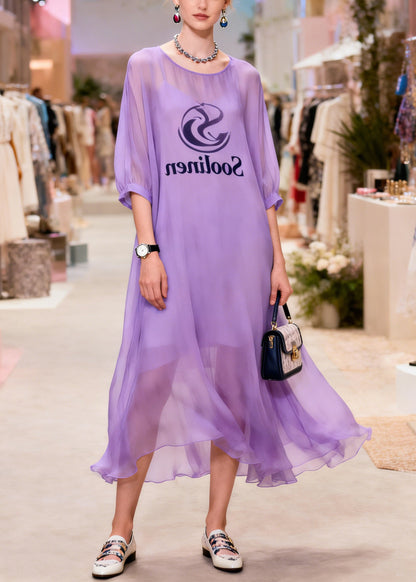 Boho Purple Print Draping Chiffon Long Dresses Summer