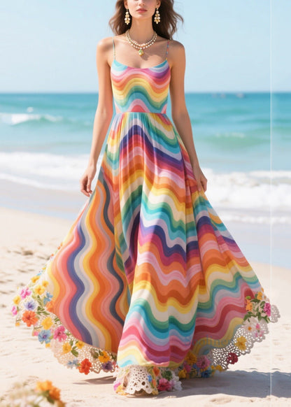 Boho Rainbow Patchwork Flower Lace Chiffon Sundress Summer