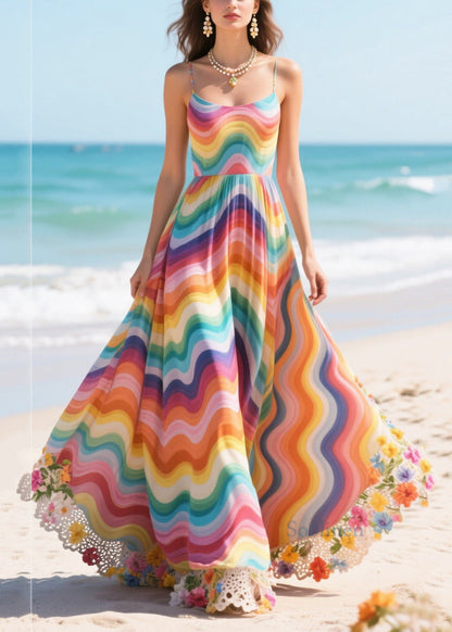 Boho Rainbow Patchwork Flower Lace Chiffon Sundress Summer