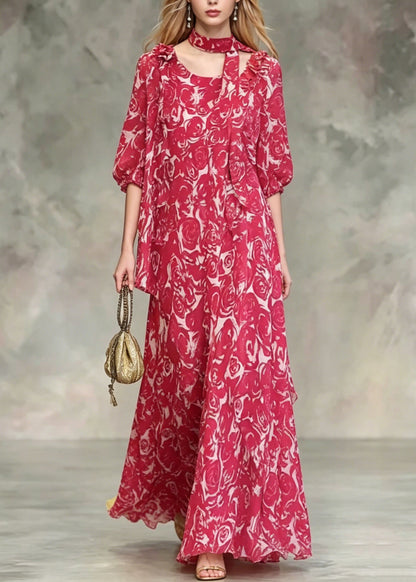 Boho Red Asymmetrical Design Floral Chiffon Dresses Summer