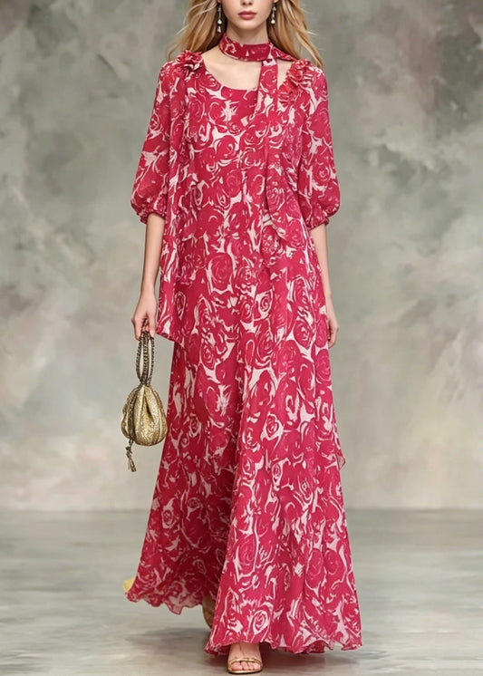 Boho Red Asymmetrical Design Floral Chiffon Dresses Summer