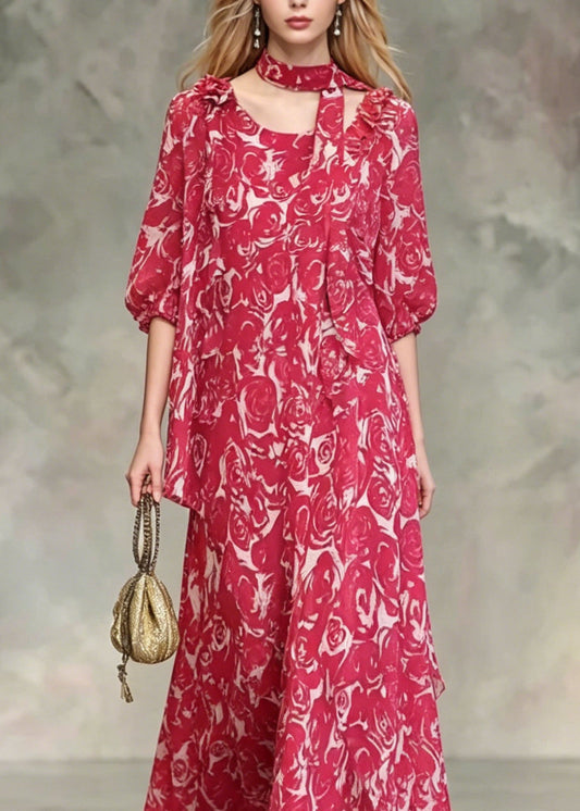 Boho Red Asymmetrical Design Floral Chiffon Dresses Summer