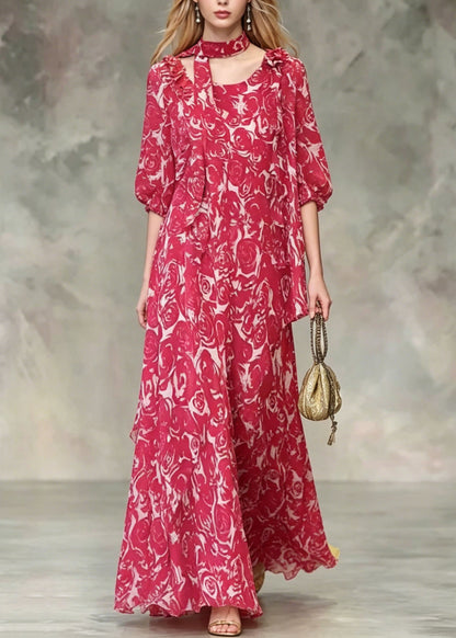 Boho Red Asymmetrical Design Floral Chiffon Dresses Summer