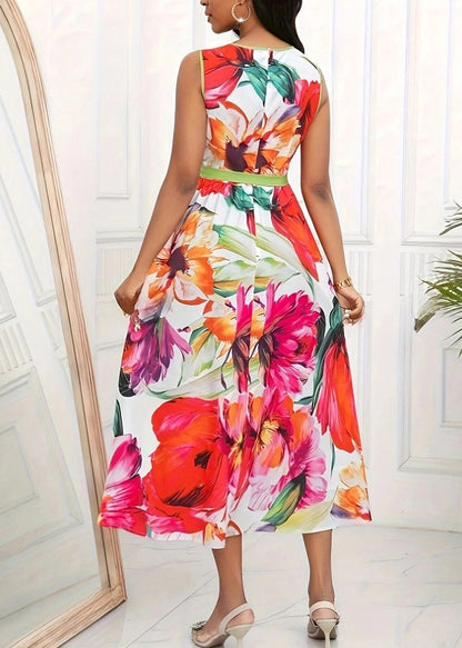 Boho Red O-Neck Print Tie Waist Maxi Dress Sleeveless