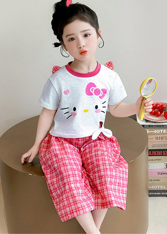 Boho Red Plaid Cute Cat Cotton Baby Girls Two Pieces Set Summer