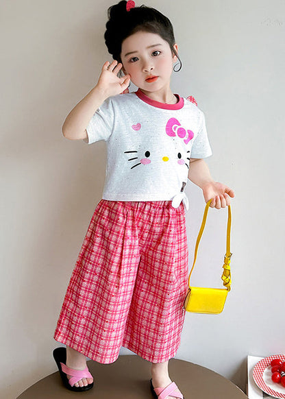 Boho Red Plaid Cute Cat Cotton Baby Girls Two Pieces Set Summer