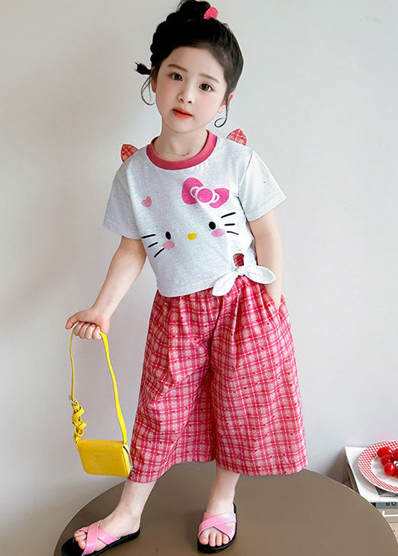 Boho Red Plaid Cute Cat Cotton Baby Girls Two Pieces Set Summer
