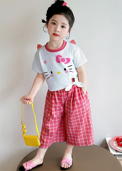 Boho Red Plaid Cute Cat Cotton Baby Girls Two Pieces Set Summer