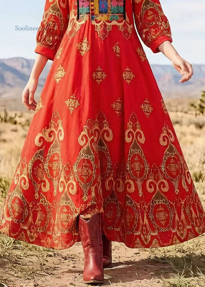 Boho Red V Neck Print Exra Large Hem Cotton Dress Lantern Sleeve