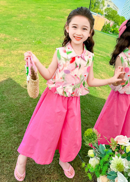 Boho Rose Oversized Print Cotton Baby Girls Two Pieces Set Summer