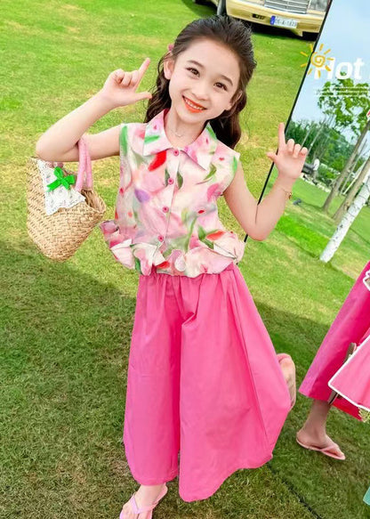 Boho Rose Oversized Print Cotton Baby Girls Two Pieces Set Summer