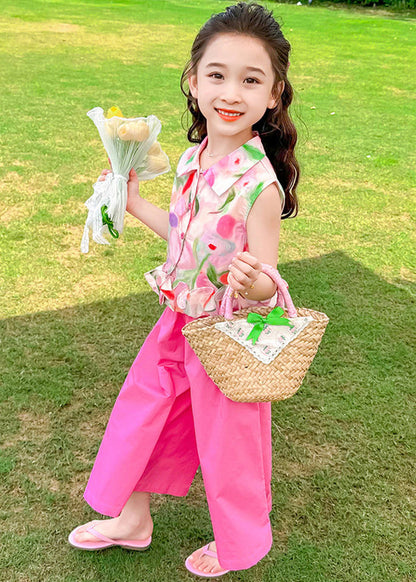 Boho Rose Oversized Print Cotton Baby Girls Two Pieces Set Summer