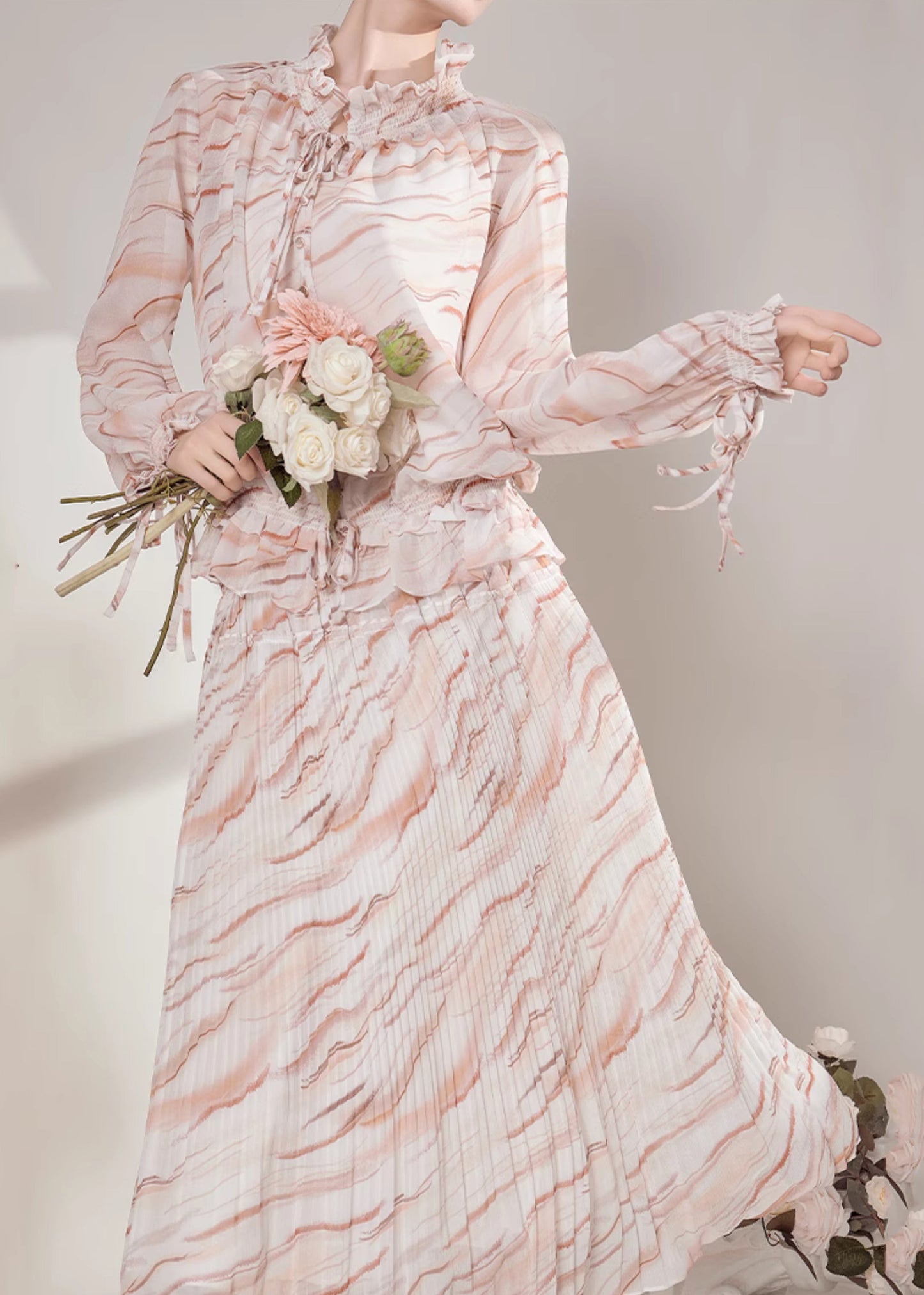 Boho Ruffled Striped Chiffon Shirts And Maxi Skirts Two-Piece Set Fall