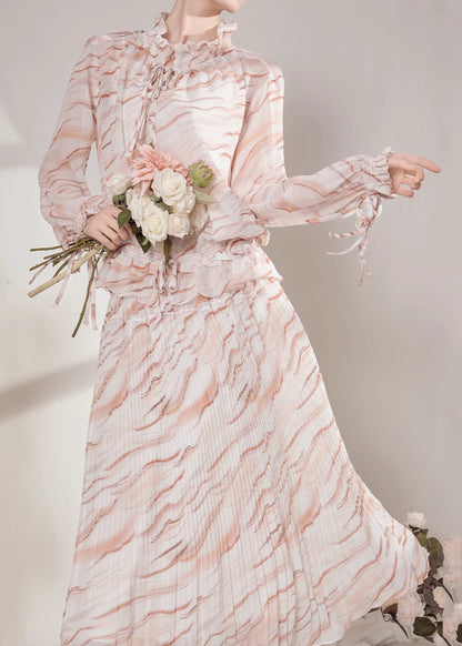 Boho Ruffled Striped Chiffon Shirts And Maxi Skirts Two-Piece Set Fall