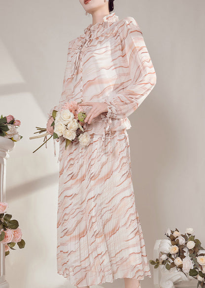 Boho Ruffled Striped Chiffon Shirts And Maxi Skirts Two-Piece Set Fall