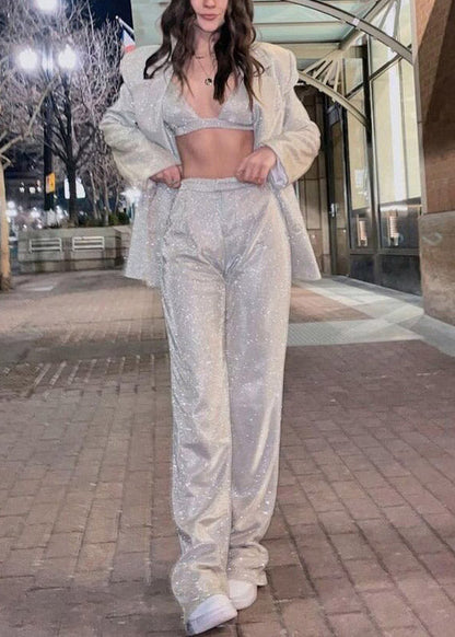 Boho Silver Notched Sequins Coats ,Vest And Straight Pants Three Piece Set Fall